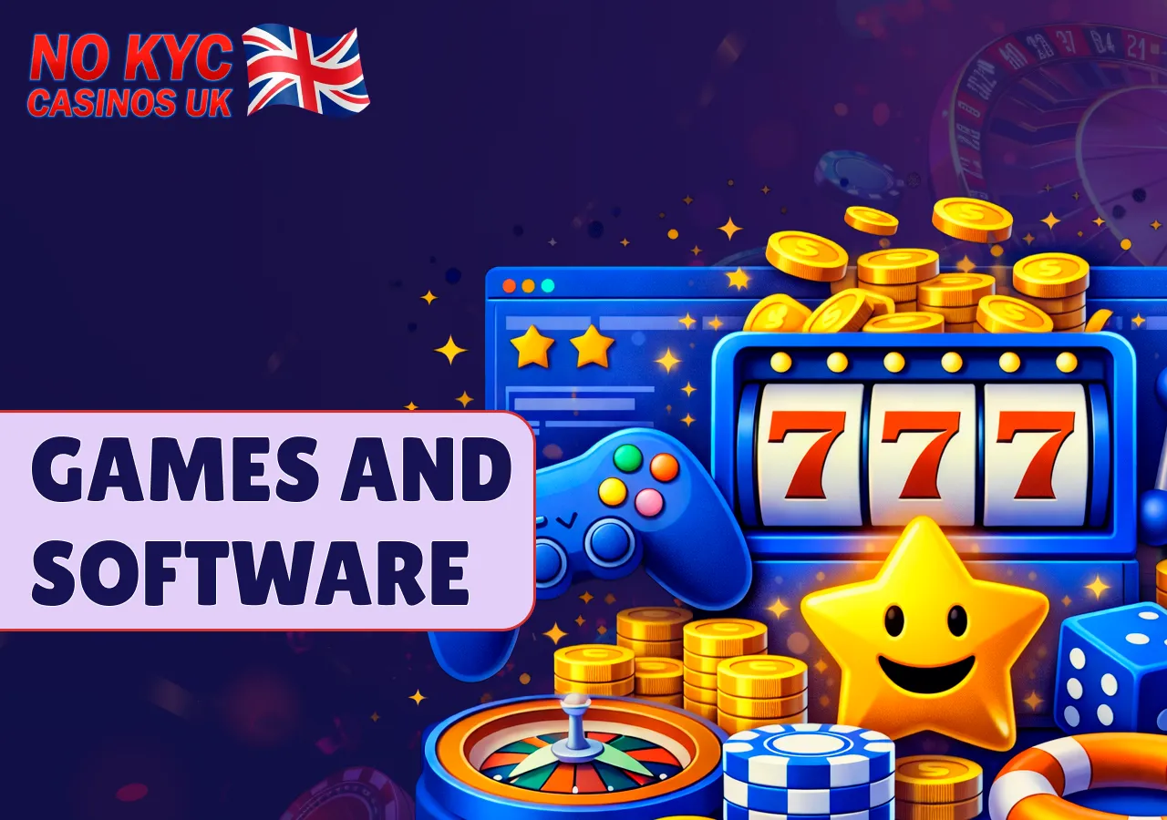 Game variety and software providers in No KYC casino evaluations.